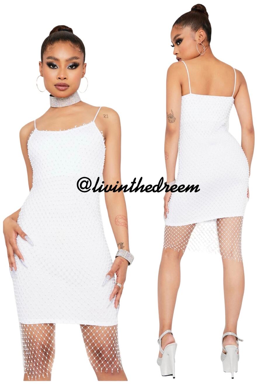 HOT & DELICIOUS ICY DOLLARS DANCING RHINESTONE MESH MIDI DRESS